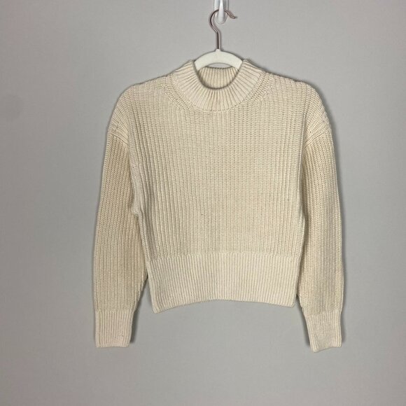 Everlane The Texture Cotton Crew Contrast Trim Sweater Knit Womens XXS Ivory - Picture 1 of 5